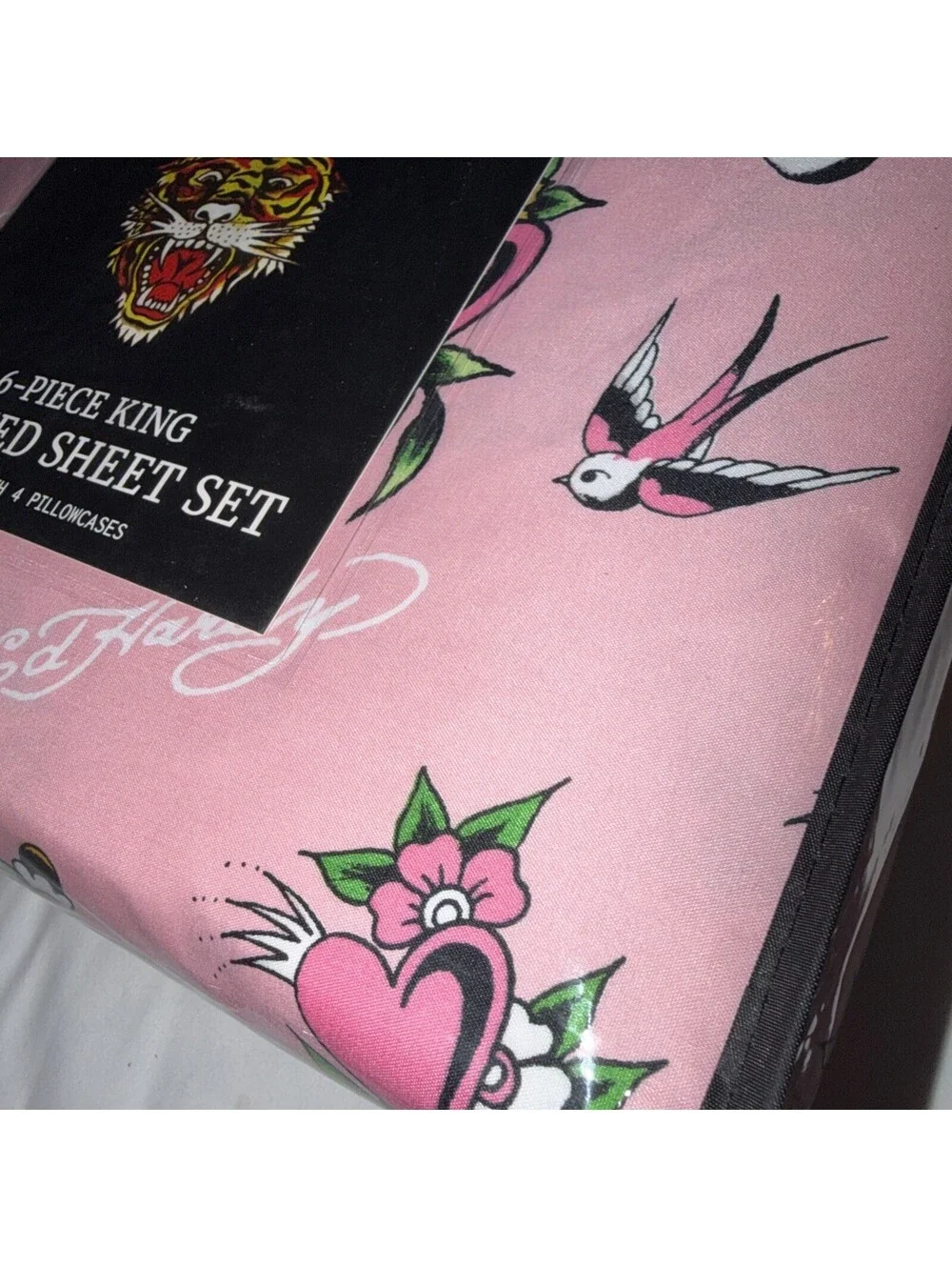 ED HARDY King Pink Sheet Set 6pc New Flowers Skull Roses Heart Grunge Y2K